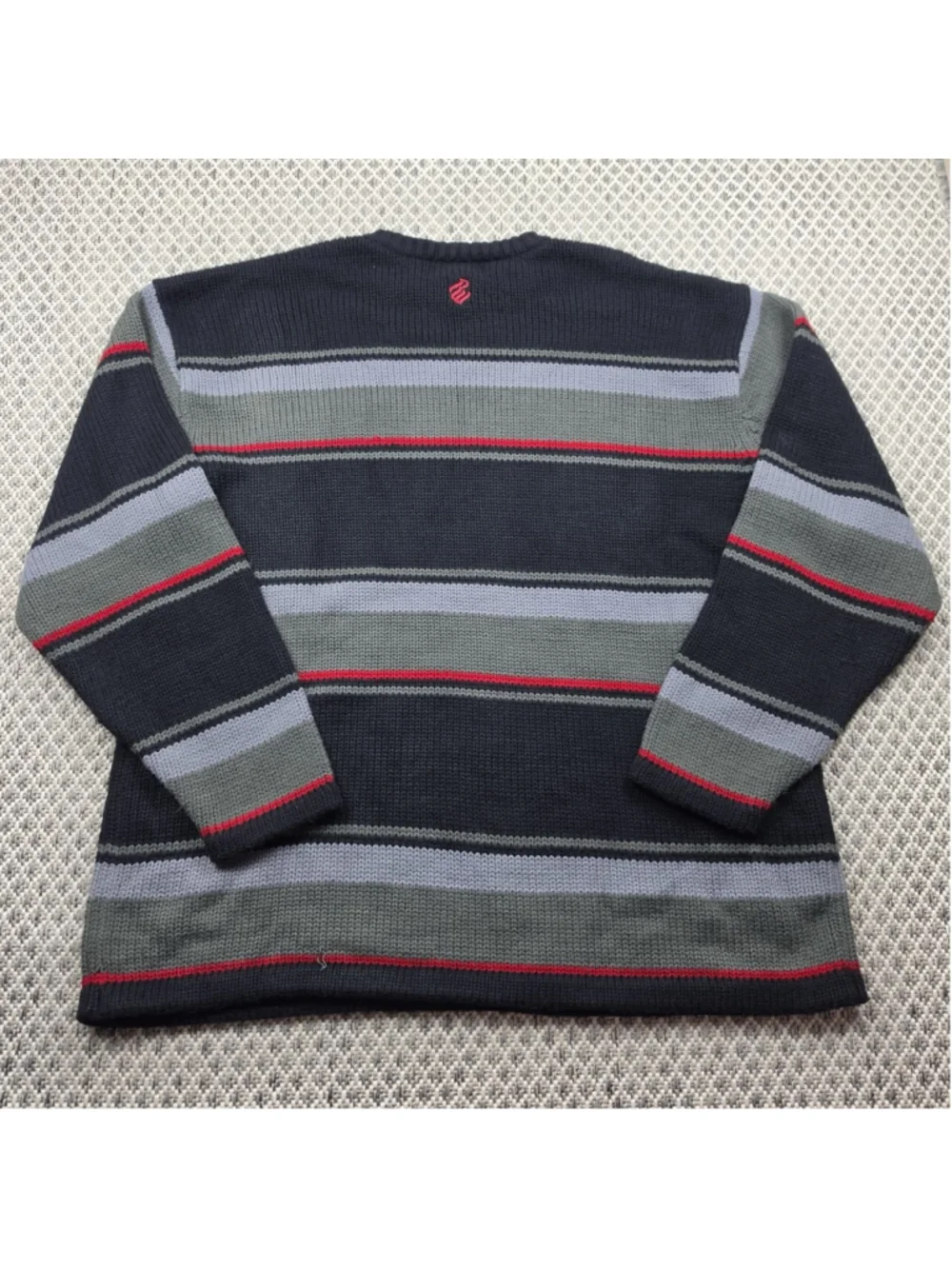 Rocawear Striped Knit Sweater XL Black Gray Red Embroidered Logo Y2K Hip Hop